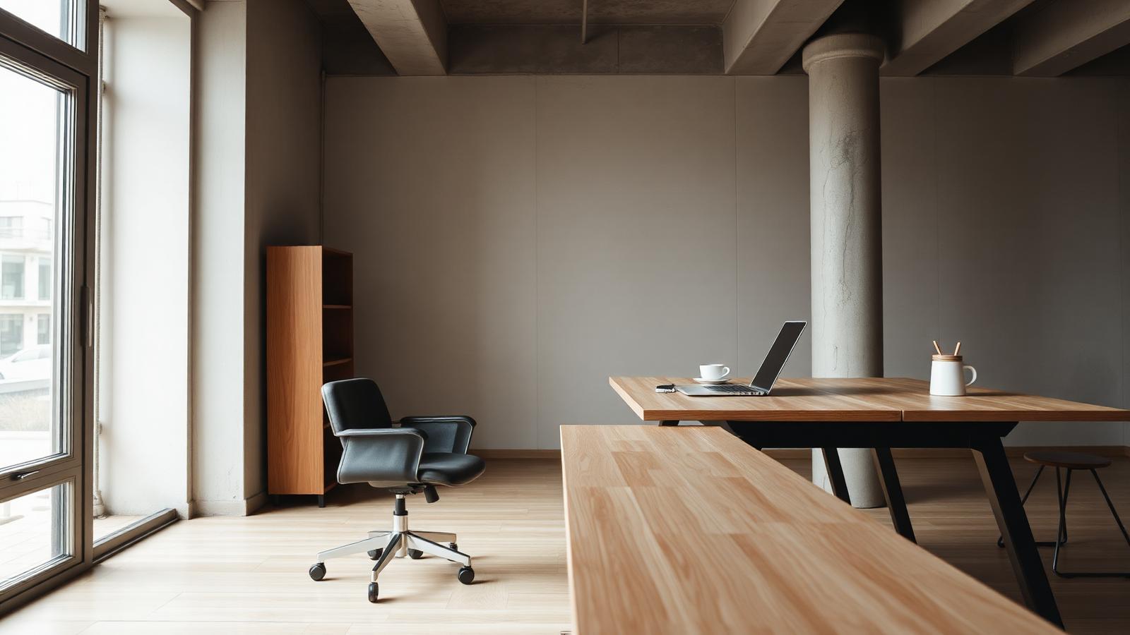 A quiet back office with an empty chair beside a desk